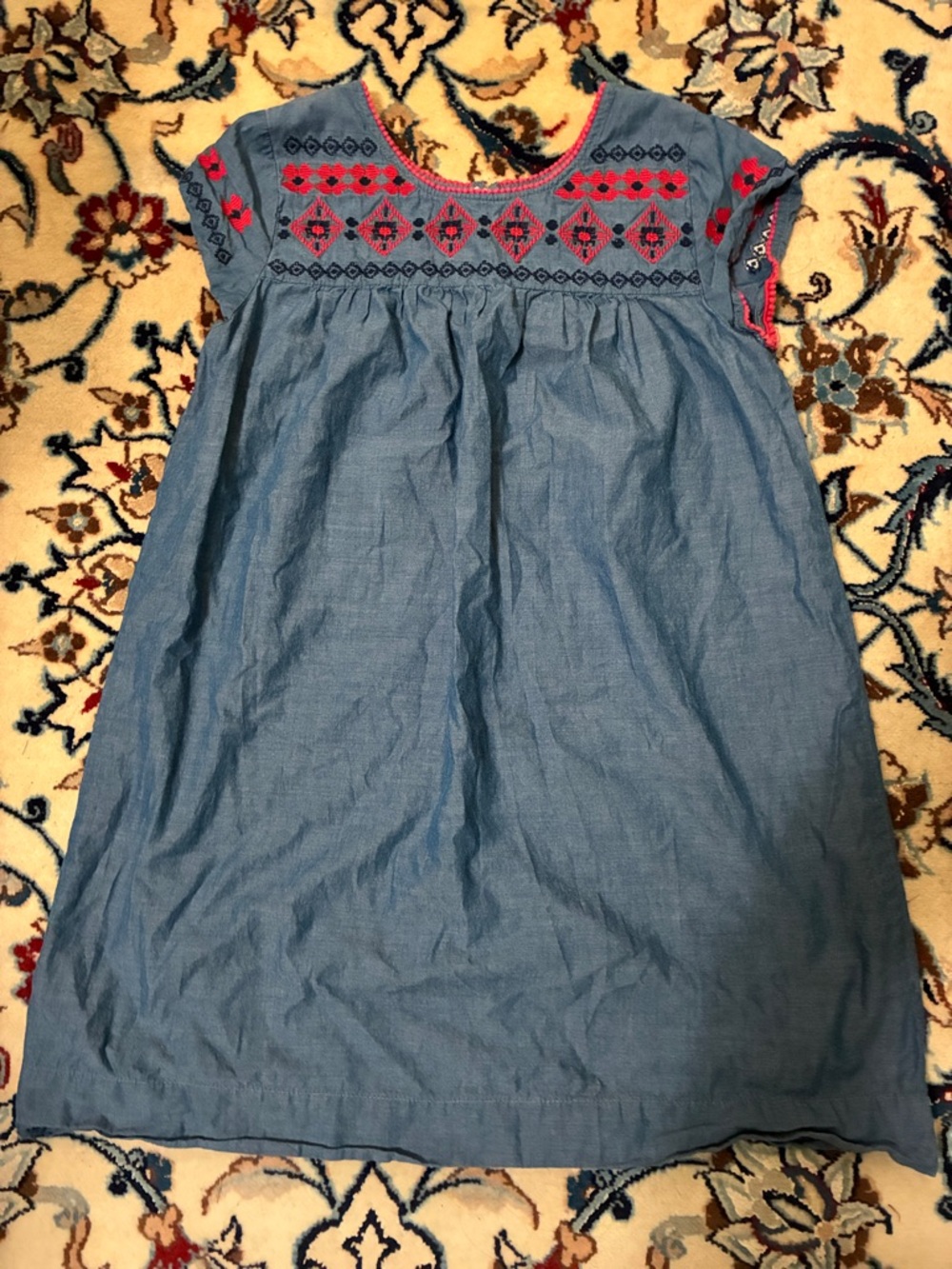 Peek Blue Chambray Dress with Pink Embroidery, M
